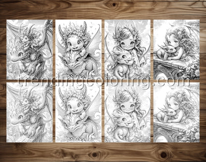 35 Fairies & Dragons 2 Grayscale Coloring Pages - Instant Download - Printable PDF – preview 3