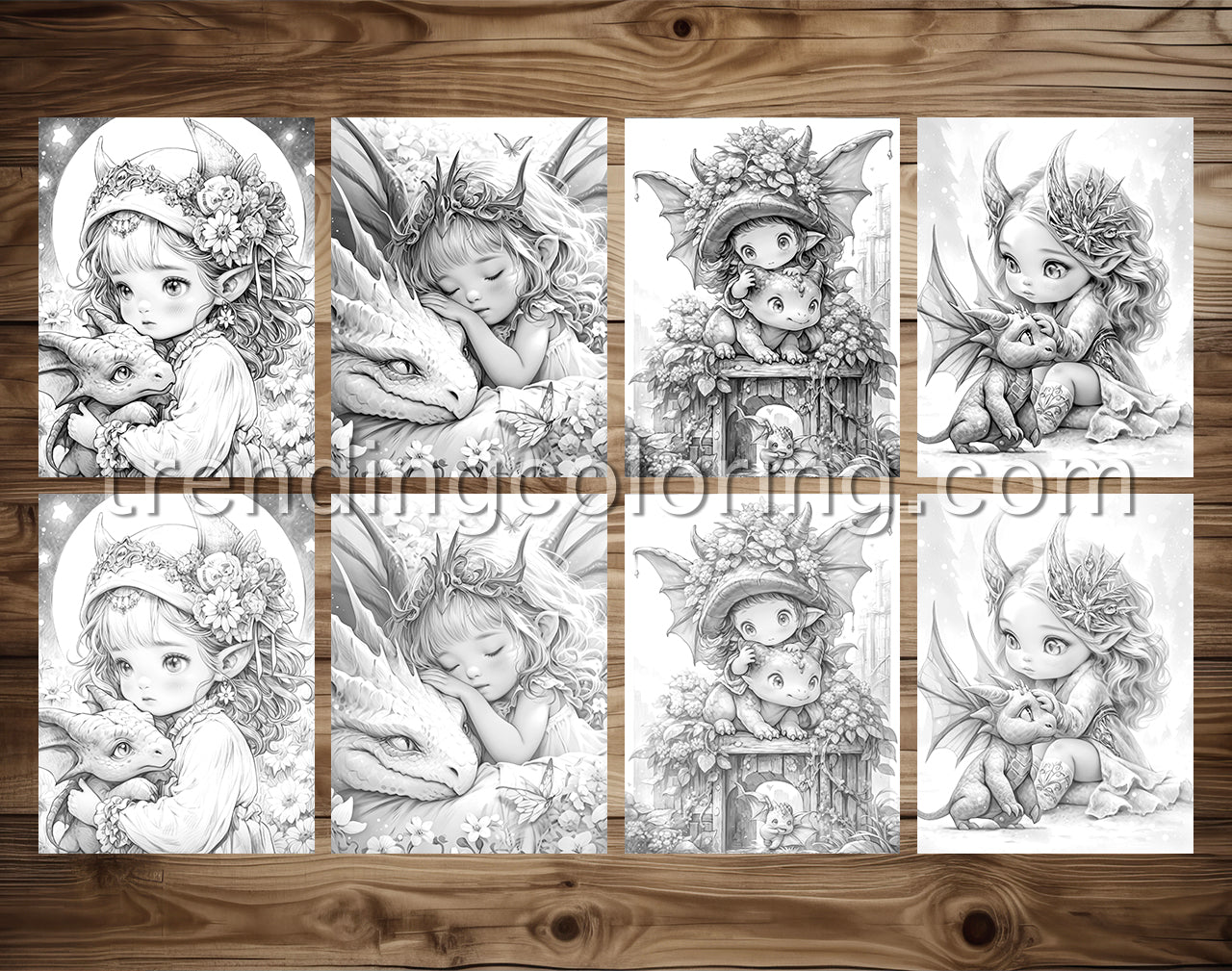 35 Fairies & Dragons 2 Grayscale Coloring Pages - Instant Download - Printable PDF – preview 4