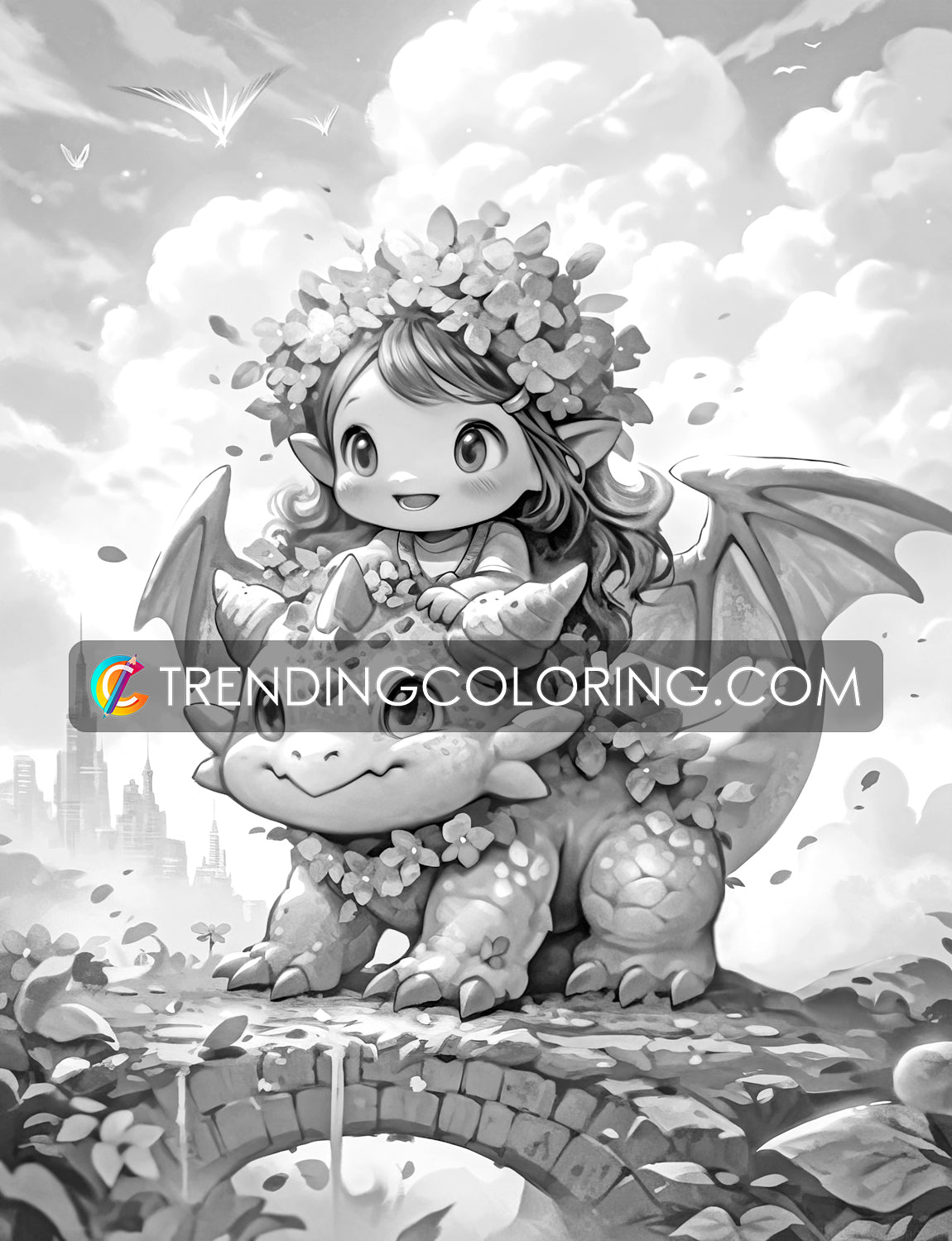 35 Fairies & Dragons 2 Grayscale Coloring Pages - Instant Download - Printable PDF – preview 5