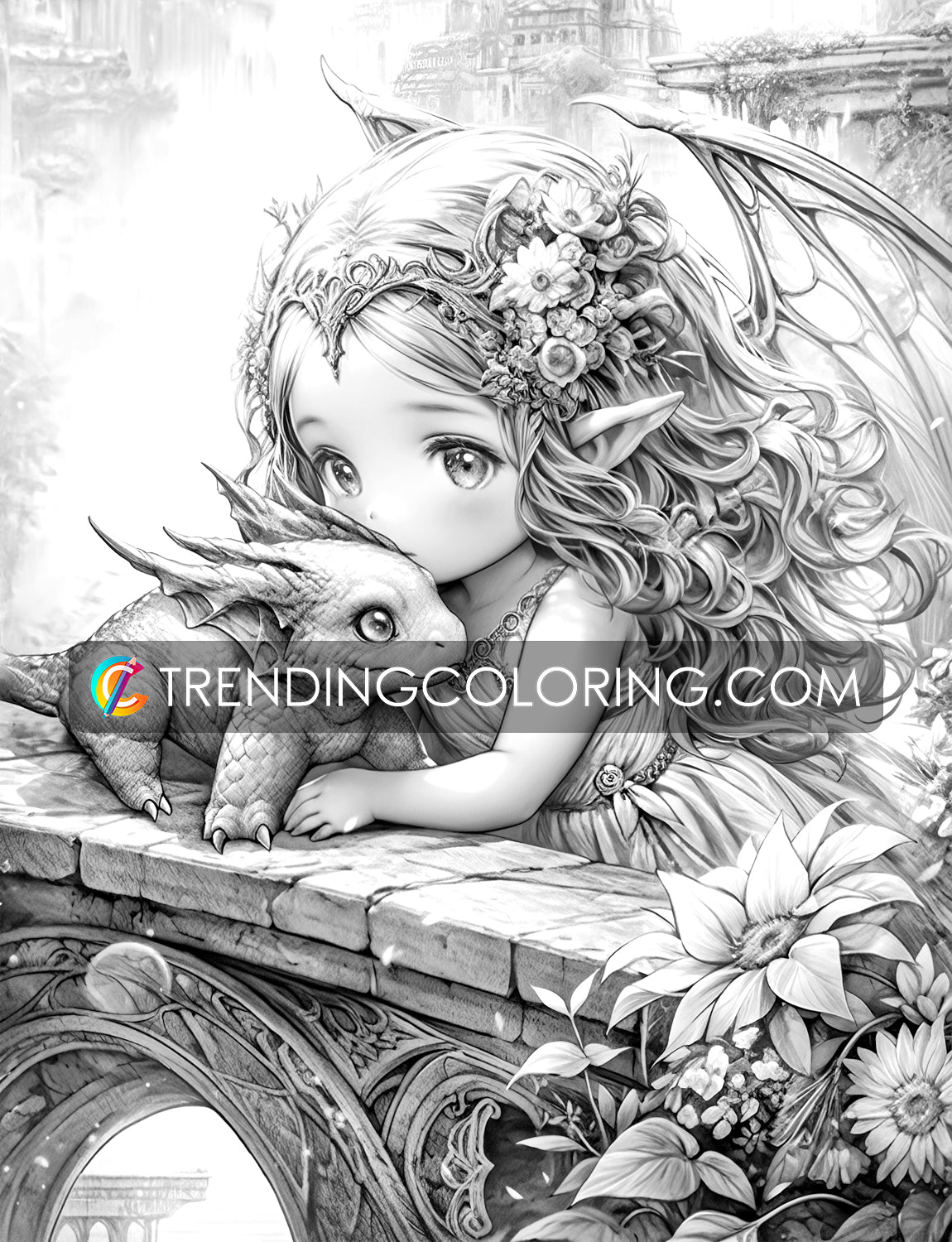 35 Fairies & Dragons 2 Grayscale Coloring Pages - Instant Download - Printable PDF – preview 6