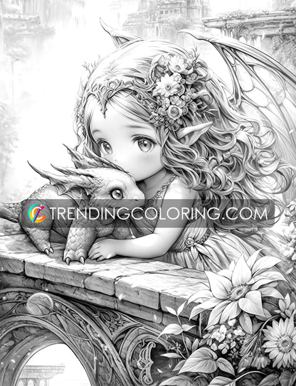 35 Fairies & Dragons 2 Grayscale Coloring Pages - Instant Download - Printable PDF – preview 6
