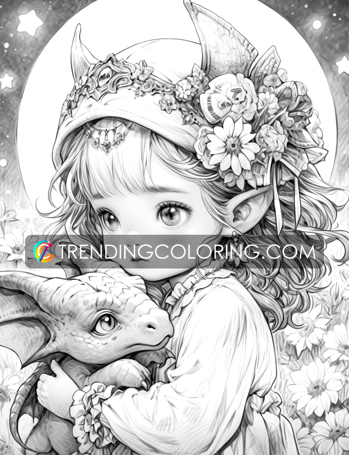 35 Fairies & Dragons 2 Grayscale Coloring Pages - Instant Download - Printable PDF – preview 9