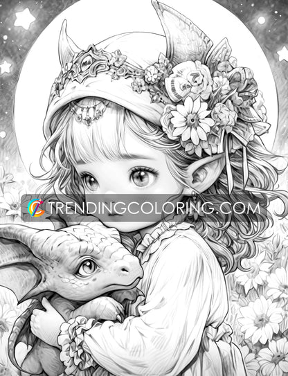 35 Fairies & Dragons 2 Grayscale Coloring Pages - Instant Download - Printable PDF – preview 9
