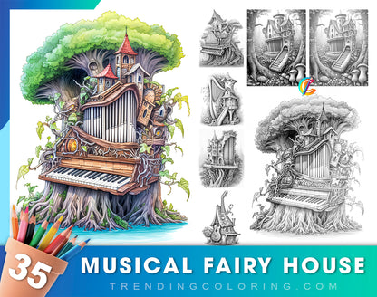 35 Musical Fairy House Grayscale Coloring Pages - Instant Download - Printable PDF Dark/Light