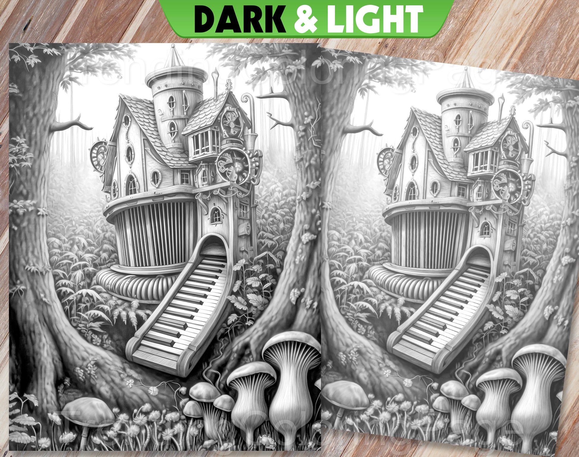 35 Musical Fairy House Grayscale Coloring Pages - Instant Download - Printable PDF Dark/Light – preview 10