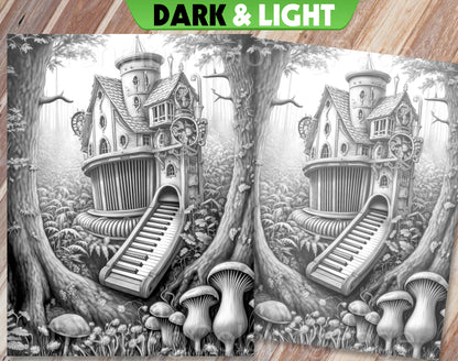 35 Musical Fairy House Grayscale Coloring Pages - Instant Download - Printable PDF Dark/Light – preview 10