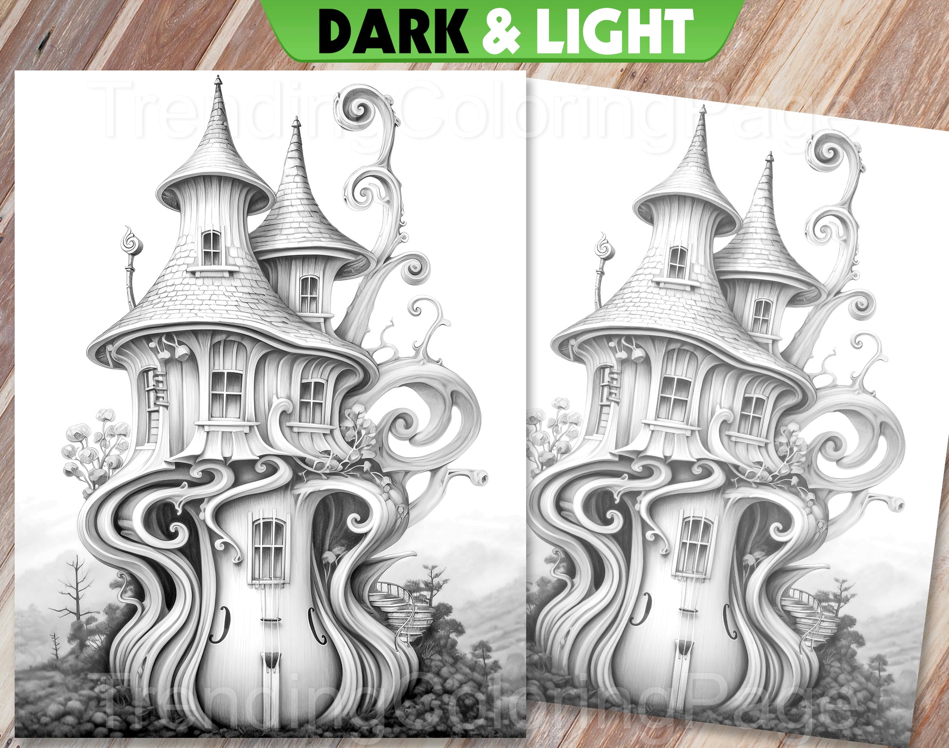 35 Musical Fairy House Grayscale Coloring Pages - Instant Download - Printable PDF Dark/Light – preview 11