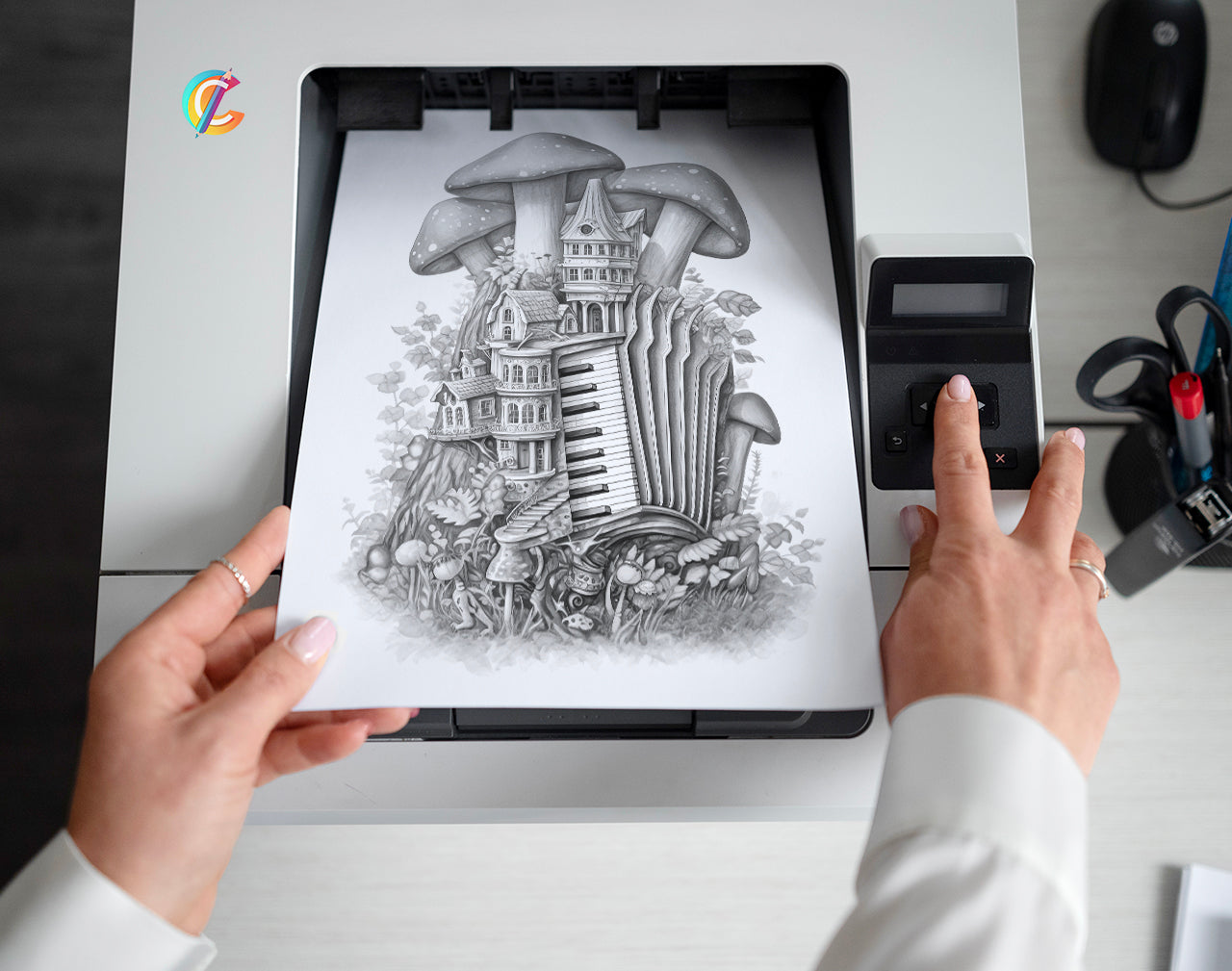 35 Musical Fairy House Grayscale Coloring Pages - Instant Download - Printable PDF Dark/Light – preview 2