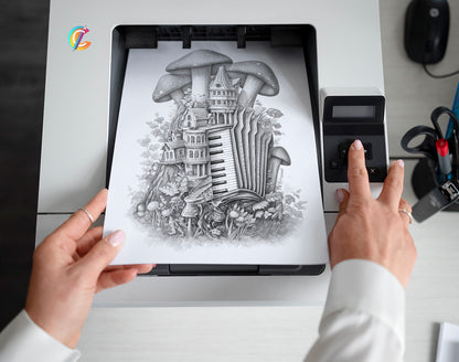 35 Musical Fairy House Grayscale Coloring Pages - Instant Download - Printable PDF Dark/Light – preview 2