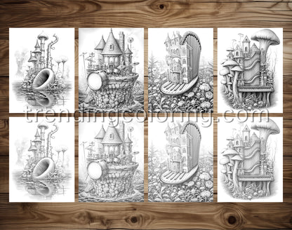35 Musical Fairy House Grayscale Coloring Pages - Instant Download - Printable PDF Dark/Light – preview 3