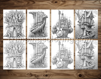 35 Musical Fairy House Grayscale Coloring Pages - Instant Download - Printable PDF Dark/Light – preview 4