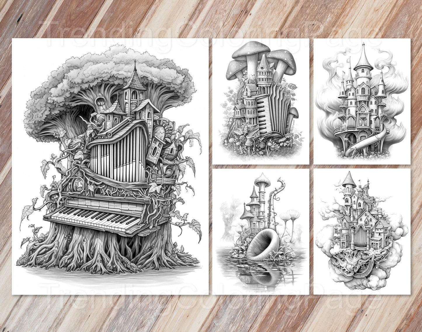 35 Musical Fairy House Grayscale Coloring Pages - Instant Download - Printable PDF Dark/Light – preview 5