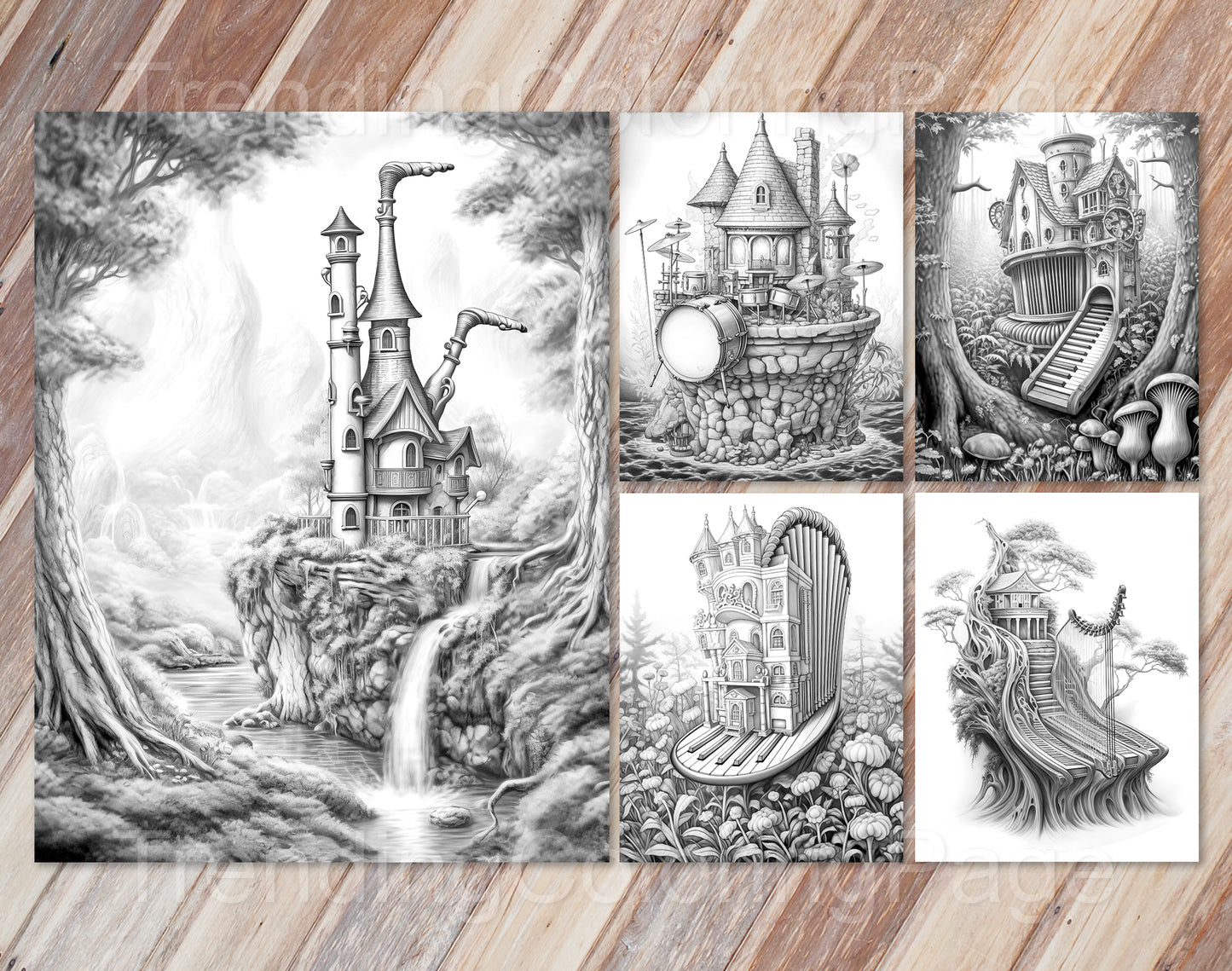 35 Musical Fairy House Grayscale Coloring Pages - Instant Download - Printable PDF Dark/Light – preview 6