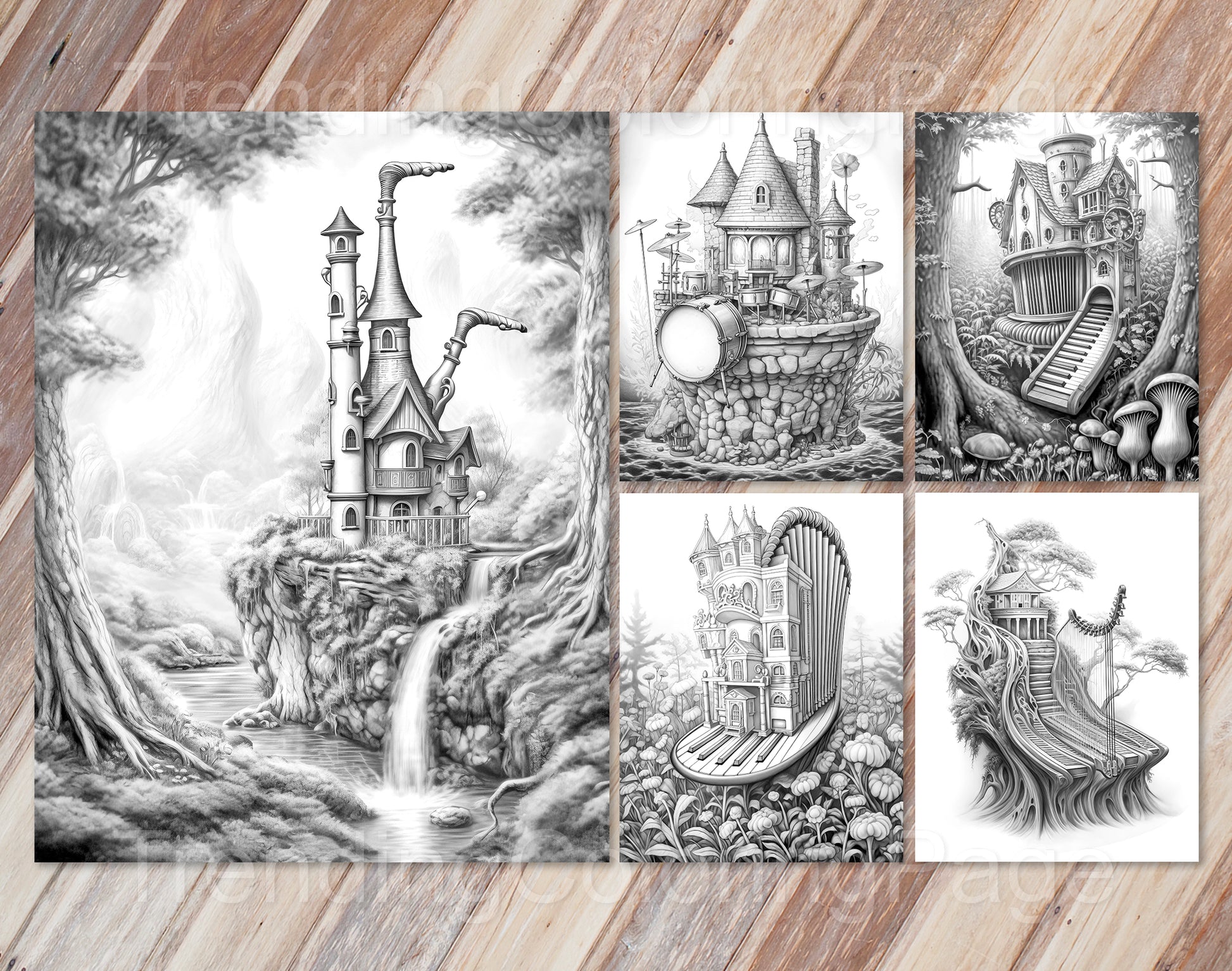 35 Musical Fairy House Grayscale Coloring Pages - Instant Download - Printable PDF Dark/Light – preview 6