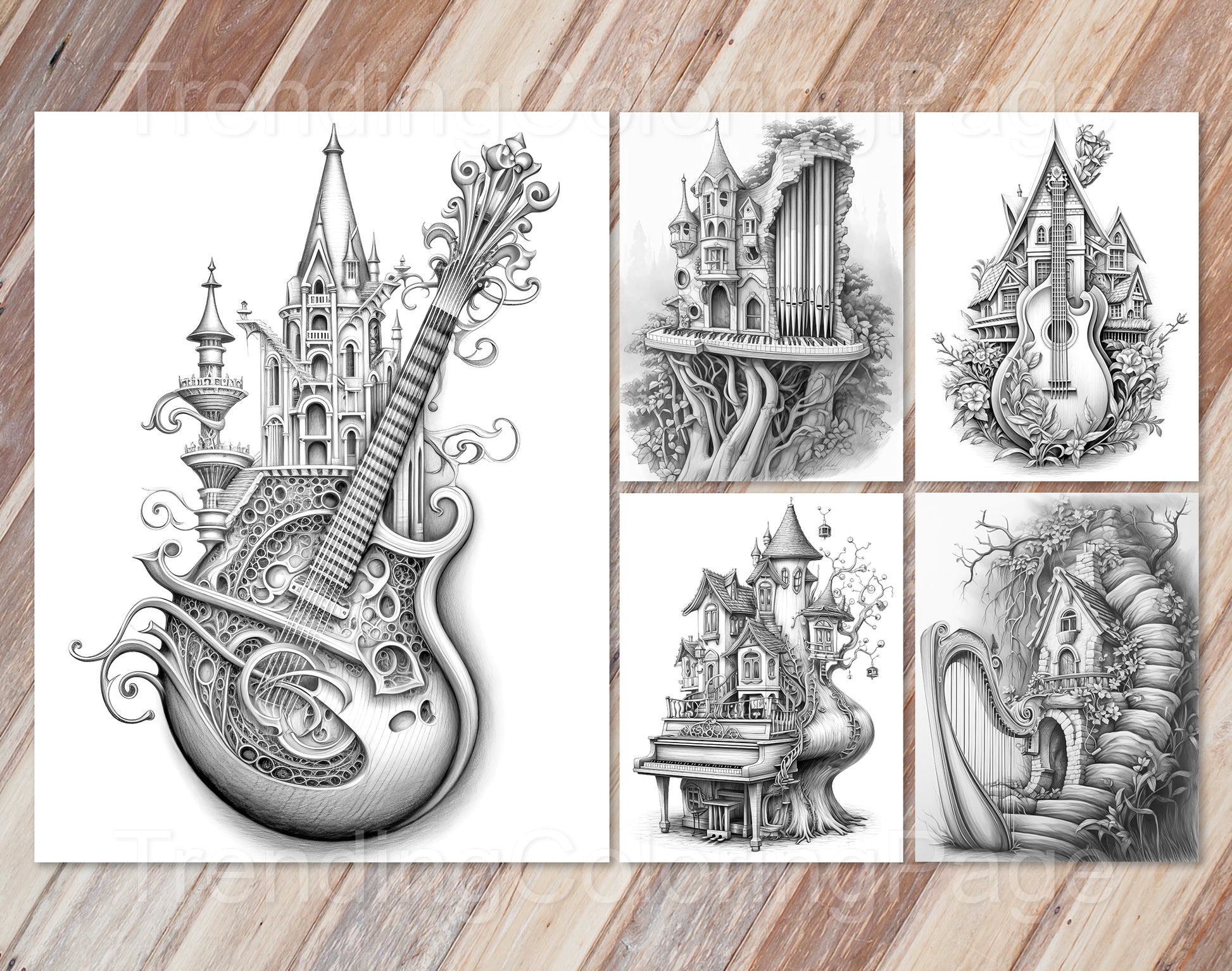 35 Musical Fairy House Grayscale Coloring Pages - Instant Download - Printable PDF Dark/Light – preview 7
