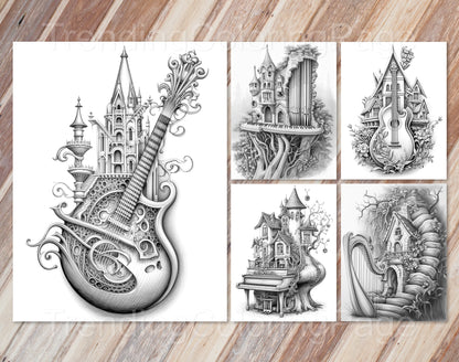 35 Musical Fairy House Grayscale Coloring Pages - Instant Download - Printable PDF Dark/Light – preview 7