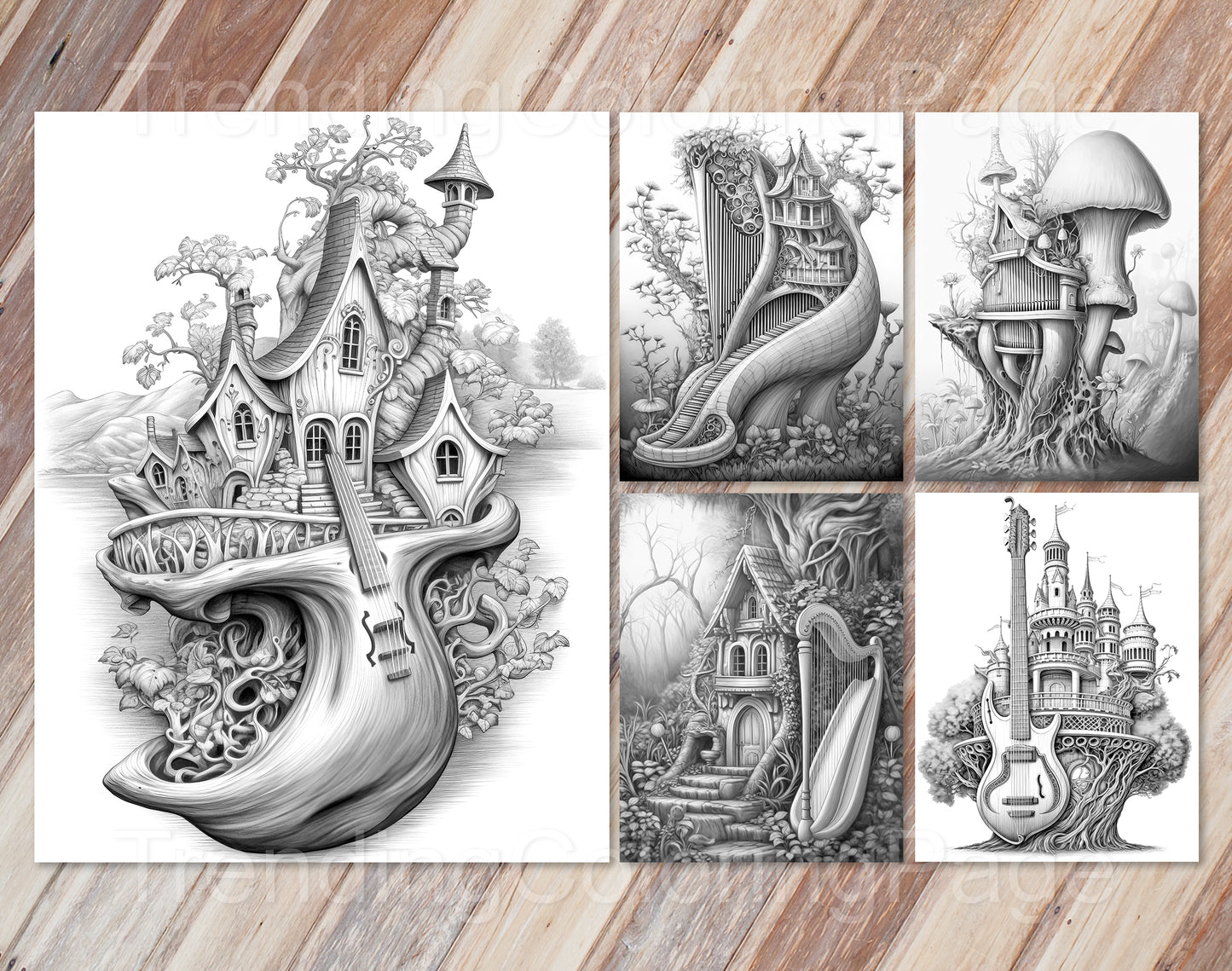 35 Musical Fairy House Grayscale Coloring Pages - Instant Download - Printable PDF Dark/Light – preview 8