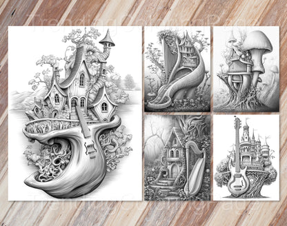 35 Musical Fairy House Grayscale Coloring Pages - Instant Download - Printable PDF Dark/Light – preview 8