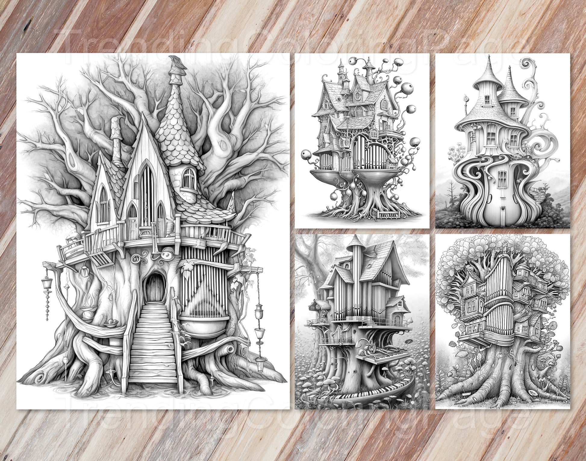 35 Musical Fairy House Grayscale Coloring Pages - Instant Download - Printable PDF Dark/Light – preview 9