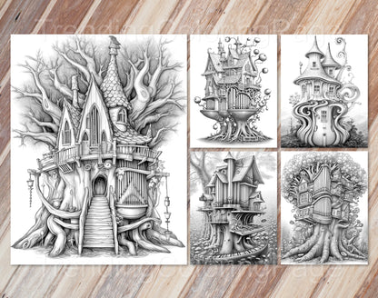 35 Musical Fairy House Grayscale Coloring Pages - Instant Download - Printable PDF Dark/Light – preview 9