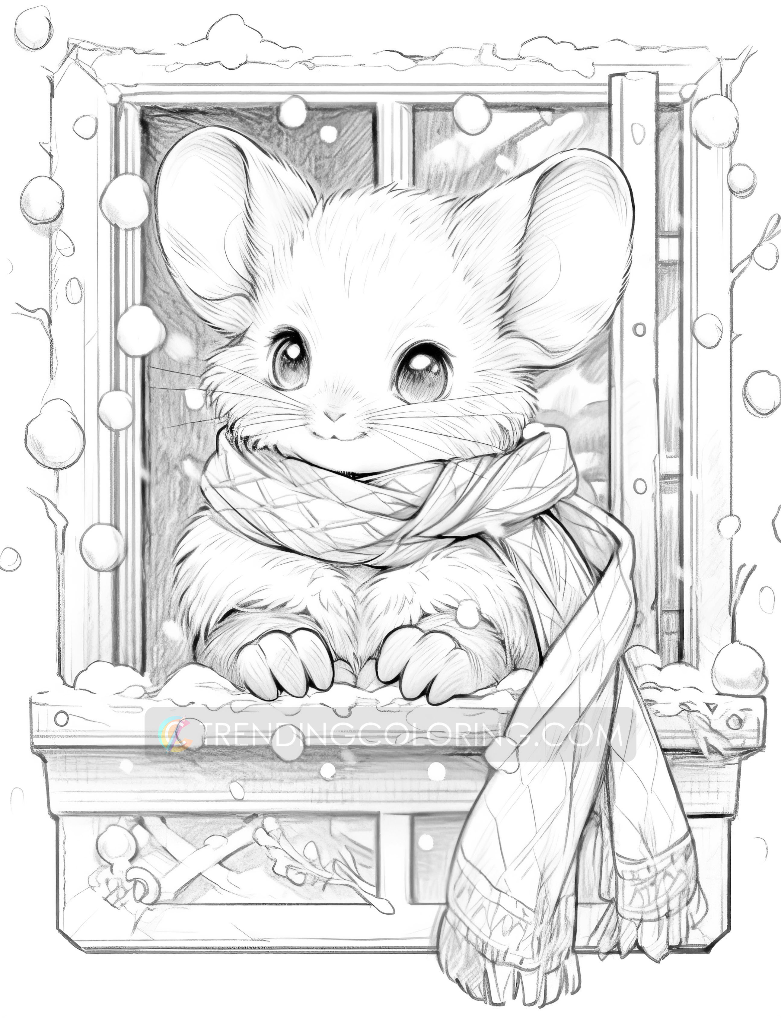 50 Christmas Little Mouse Grayscale Coloring Pages - Instant Download ...