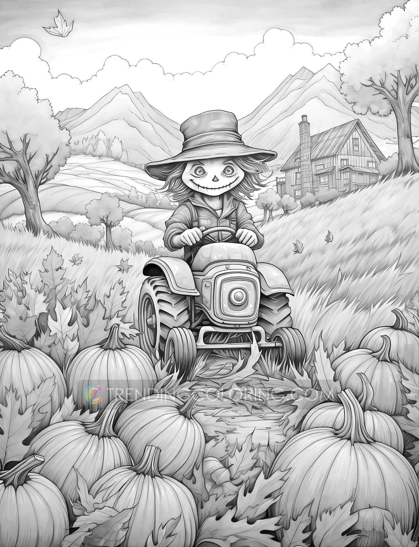 25 Scarecrow’s Adventure Grayscale Coloring Pages  - Instant Download - Printable PDF Dark/Light