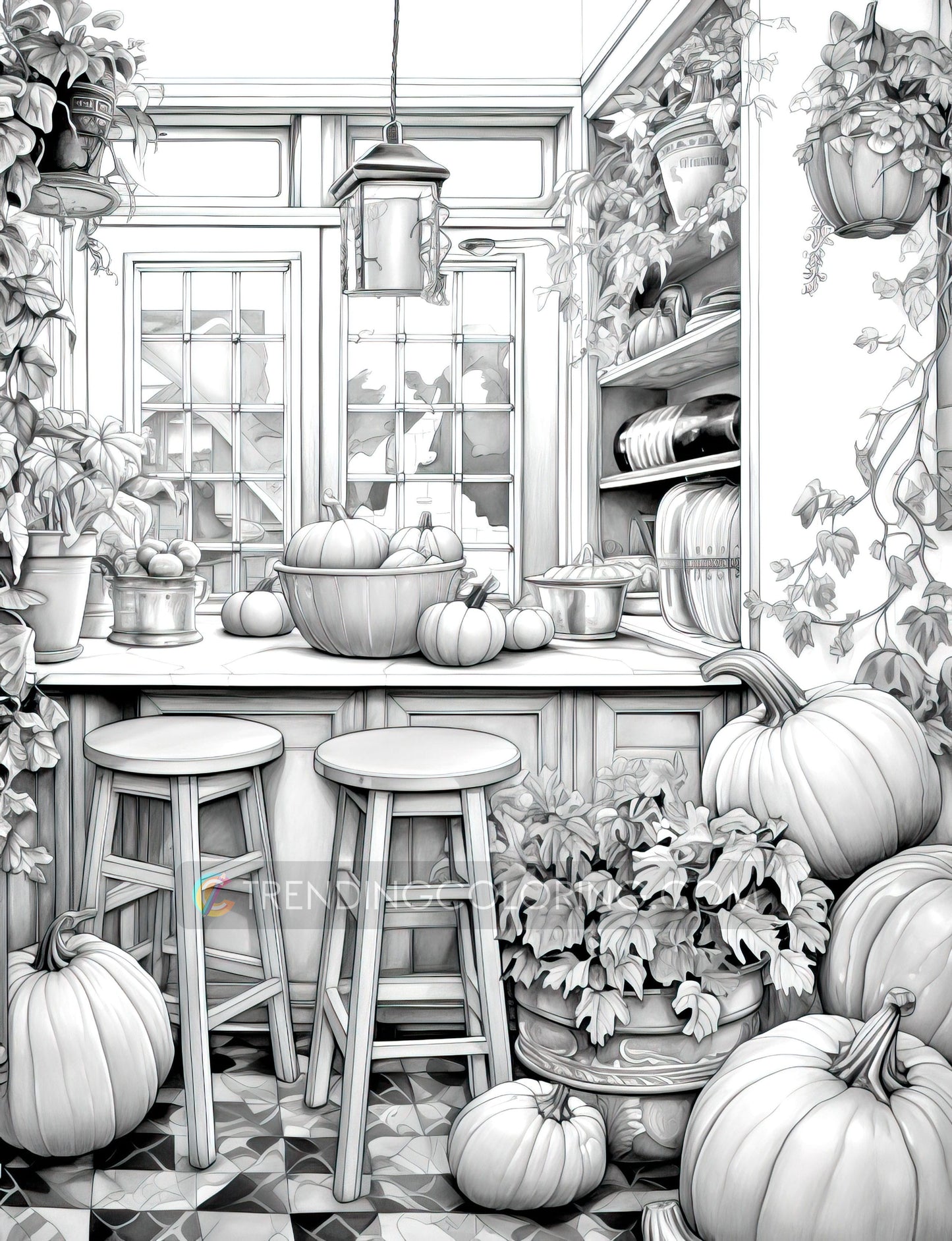 50 Pumpkin House Interiors Grayscale Coloring Pages - Halloween Coloring - Instant Download - Printable PDF Dark/Light