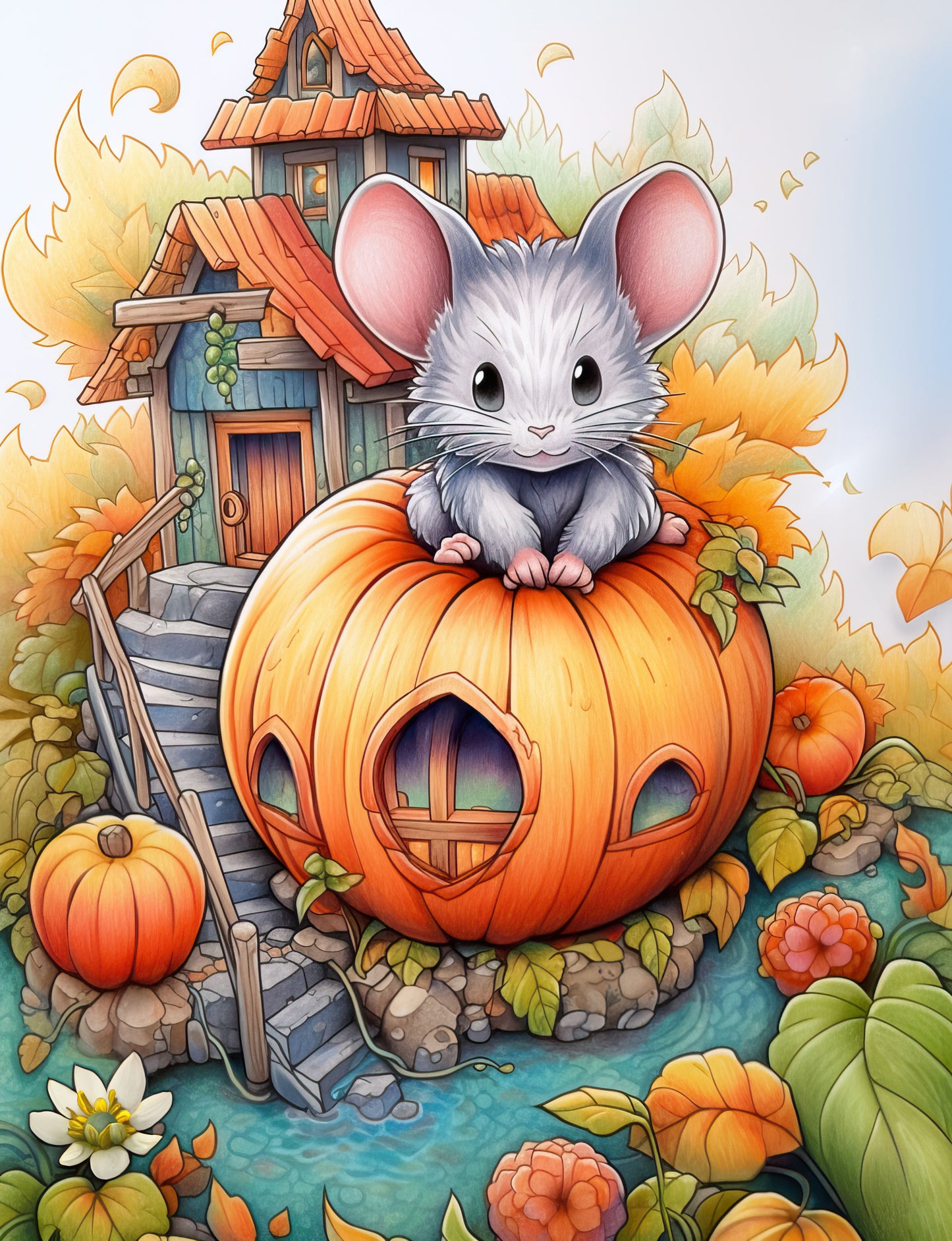 25 Pumpkin Mouse House Grayscale Coloring Pages - Halloween Coloring - Instant Download - Printable PDF Dark/Light
