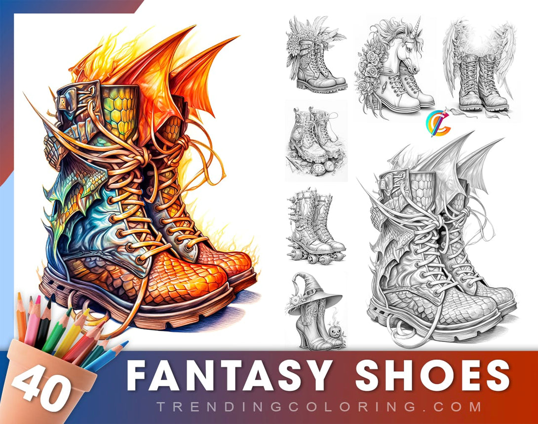 40 Fantasy Shoes Grayscale Coloring Pages - Instant Download - Printable Dark/Light