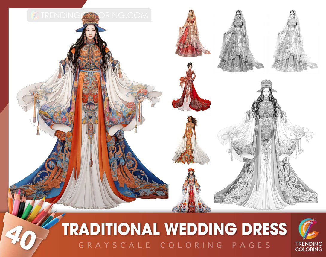 40 Traditional Wedding Dress Grayscale Coloring Pages- Instant Download - Printable Dark/Light PDF