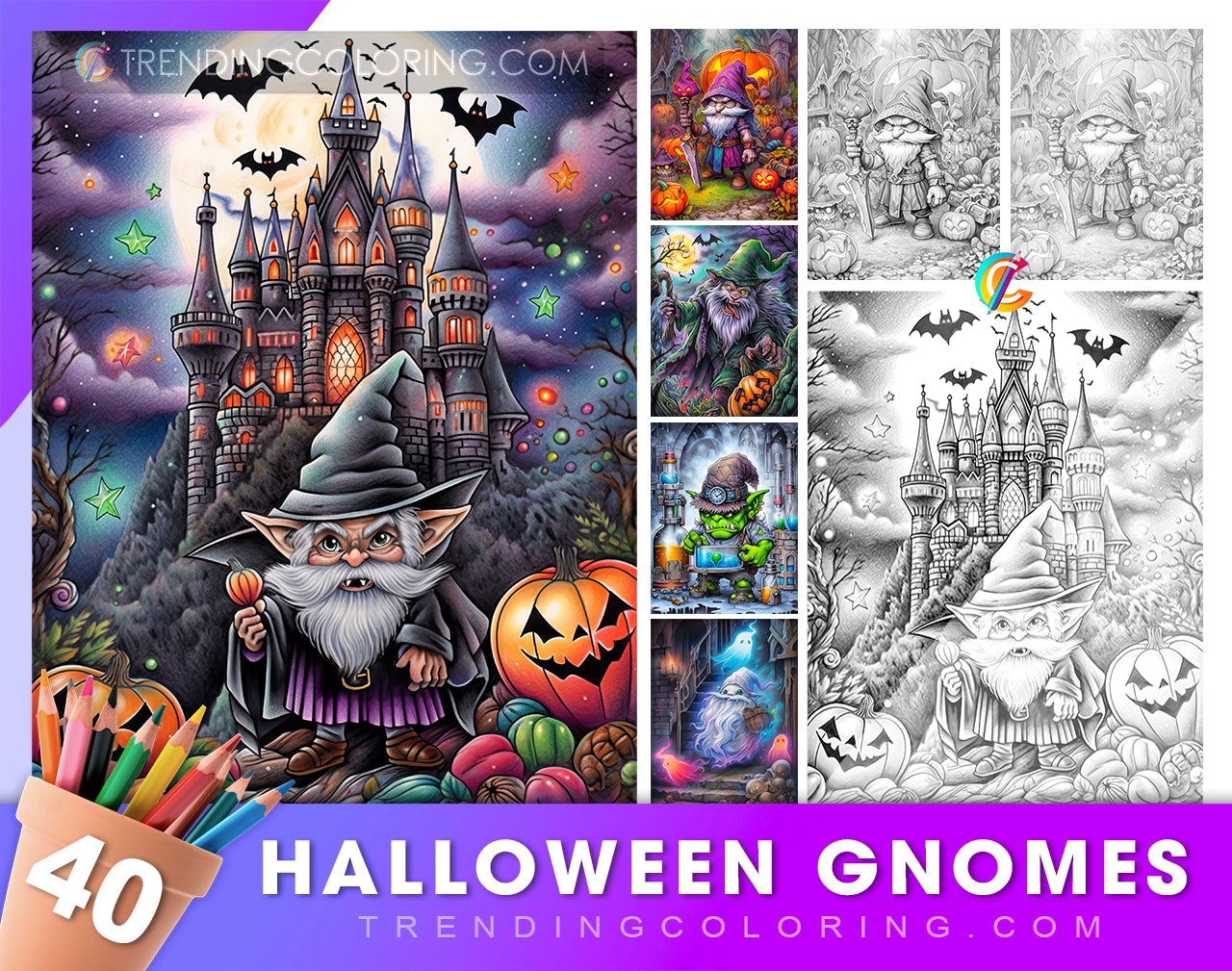 50 Halloween Gnomes Grayscale Coloring Pages - Instant Download - Prin ...