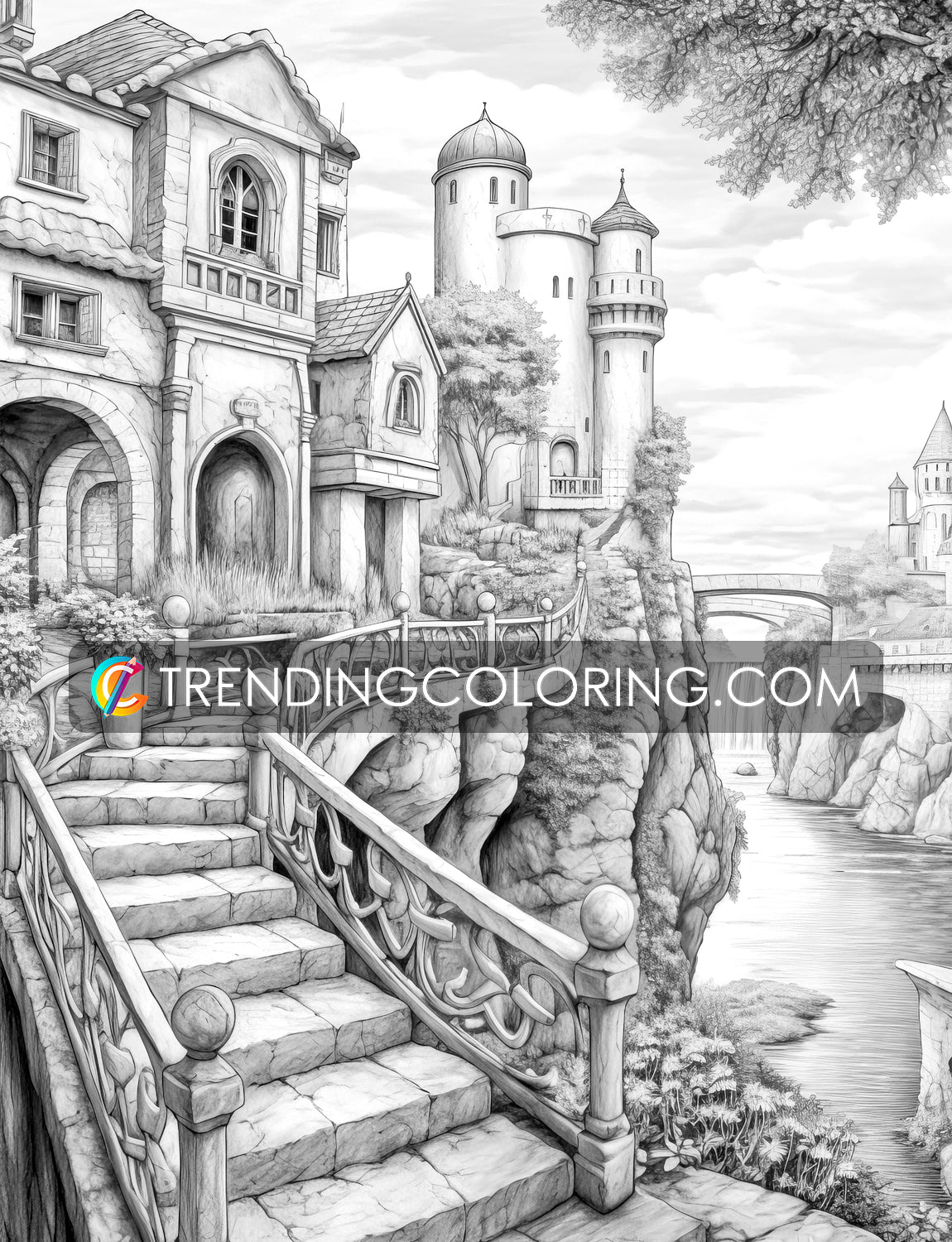 40 Medieval Town Grayscale Coloring Pages - Instant Download - Printable PDF