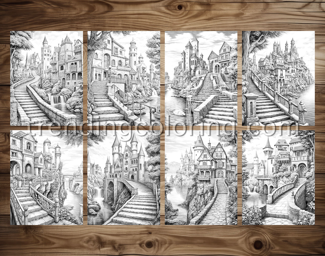 40 Medieval Town Grayscale Coloring Pages - Instant Download - Printable PDF