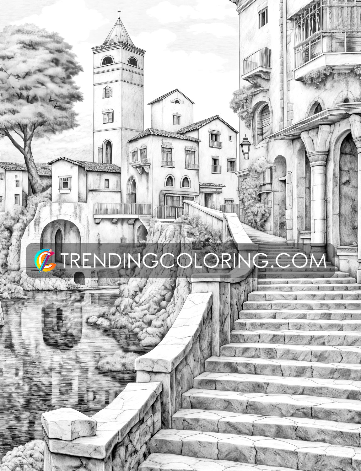 40 Medieval Town Grayscale Coloring Pages - Instant Download - Printable PDF