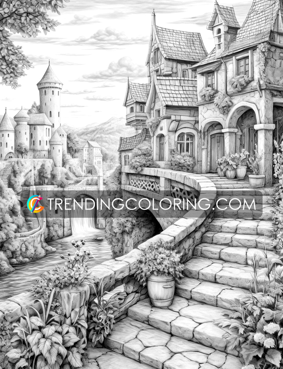 40 Medieval Town Grayscale Coloring Pages - Instant Download - Printable PDF