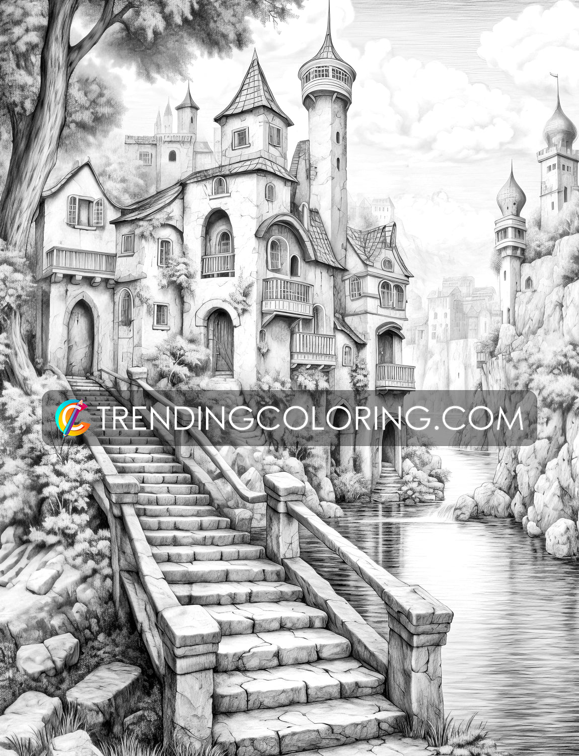 40 Medieval Town Grayscale Coloring Pages - Instant Download - Printable PDF