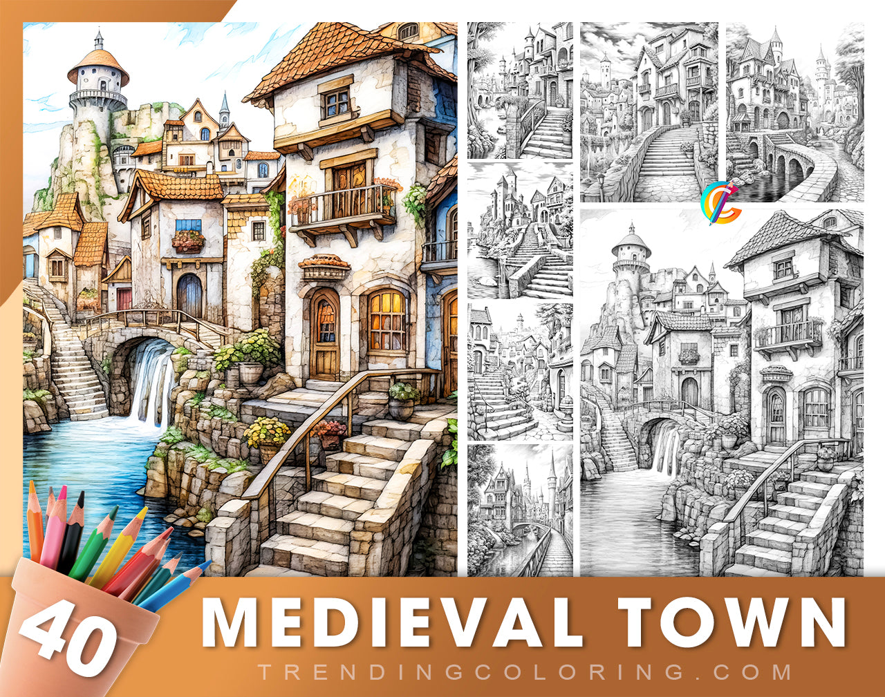 40 Medieval Town Grayscale Coloring Pages - Instant Download - Printable PDF