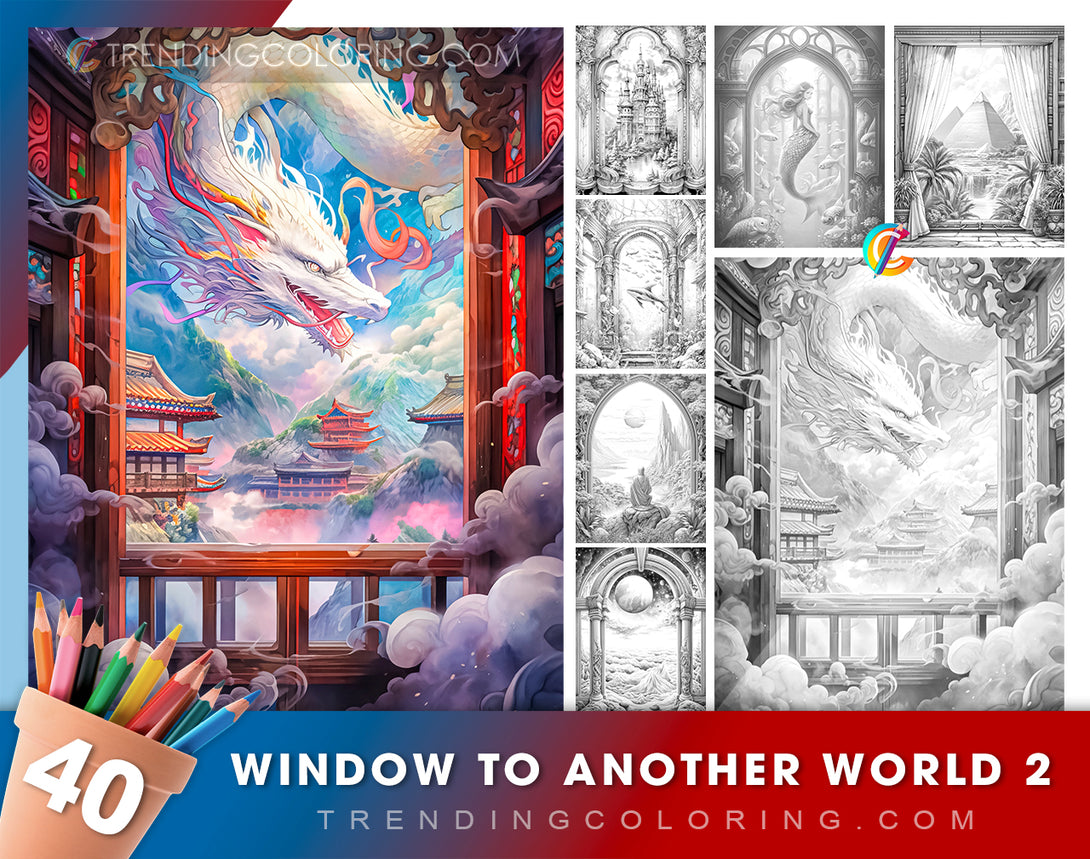 40 Window to Another World 2 Grayscale Coloring Pages- Instant Download - Printable Dark/Light PDF