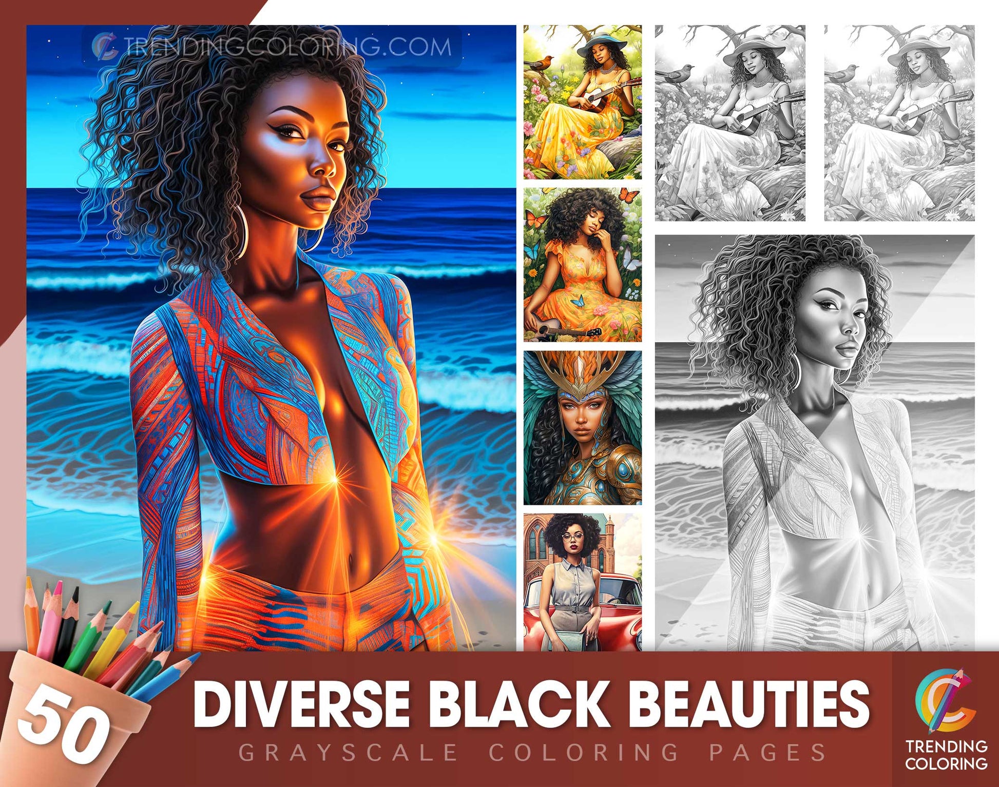 50 Diverse Black Beauties Grayscale Coloring Pages - Instant Download - Printable PDF Dark/Light