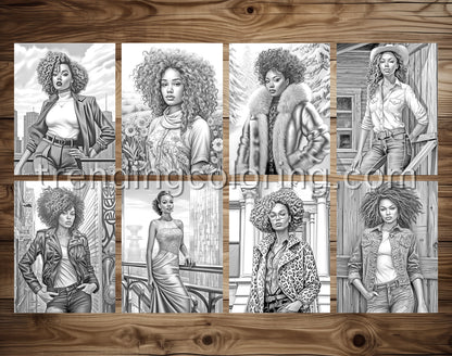 50 Diverse Black Beauties Grayscale Coloring Pages - Instant Download - Printable PDF Dark/Light – preview 2