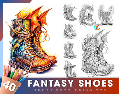 40 Fantasy Shoes Grayscale Coloring Pages - Instant Download - Printable PDF Dark/Light