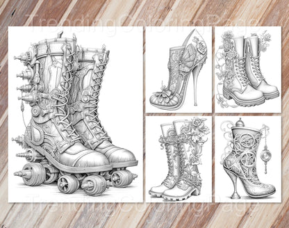 40 Fantasy Shoes Grayscale Coloring Pages - Instant Download - Printable PDF Dark/Light – preview 10