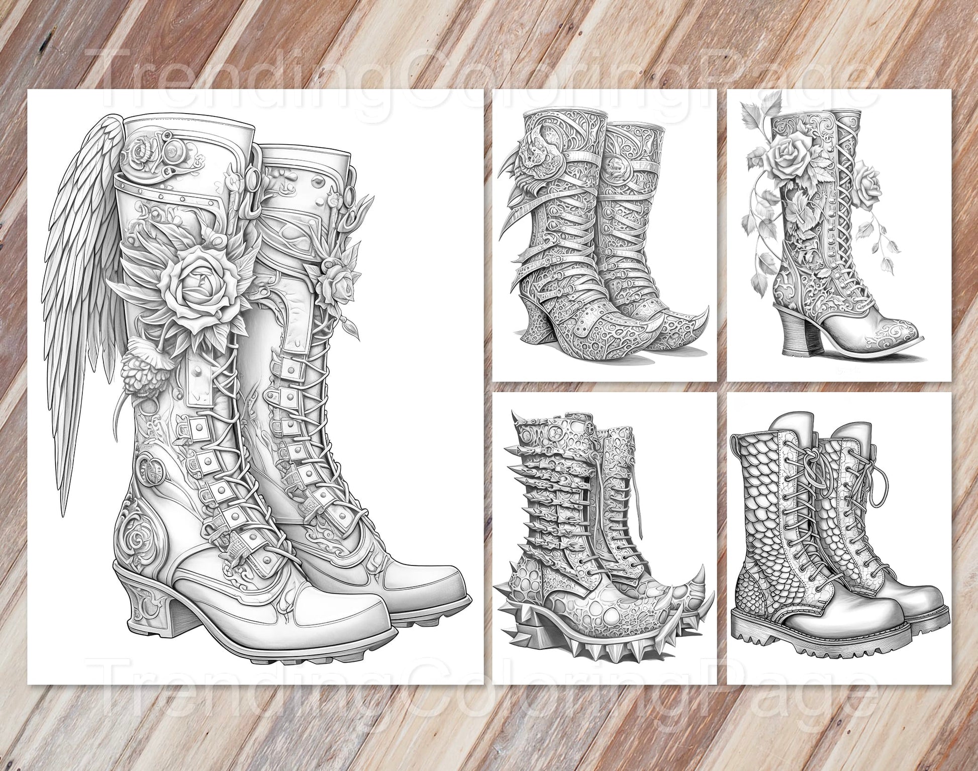 40 Fantasy Shoes Grayscale Coloring Pages - Instant Download - Printable PDF Dark/Light – preview 11