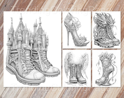 40 Fantasy Shoes Grayscale Coloring Pages - Instant Download - Printable PDF Dark/Light – preview 12