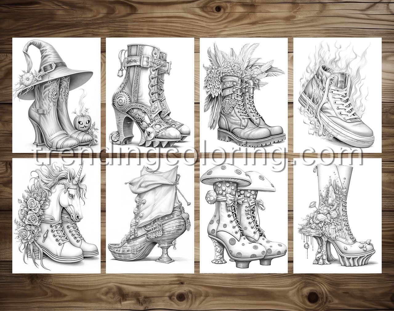 40 Fantasy Shoes Grayscale Coloring Pages - Instant Download - Printable PDF Dark/Light – preview 3