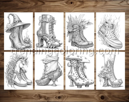 40 Fantasy Shoes Grayscale Coloring Pages - Instant Download - Printable PDF Dark/Light – preview 3