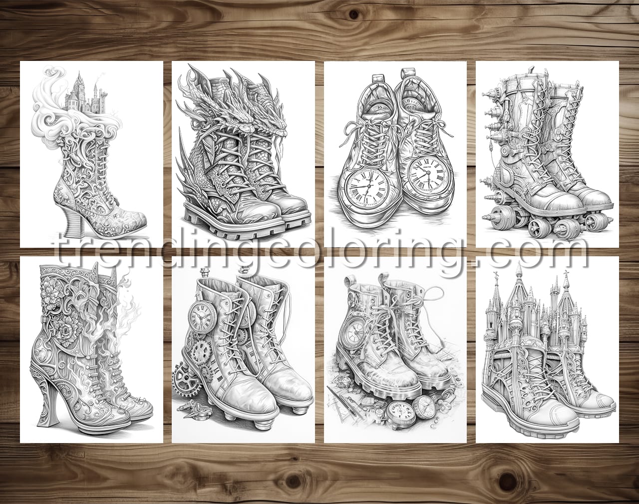 40 Fantasy Shoes Grayscale Coloring Pages - Instant Download - Printable PDF Dark/Light – preview 4
