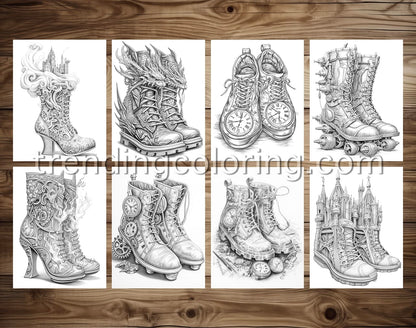 40 Fantasy Shoes Grayscale Coloring Pages - Instant Download - Printable PDF Dark/Light – preview 4
