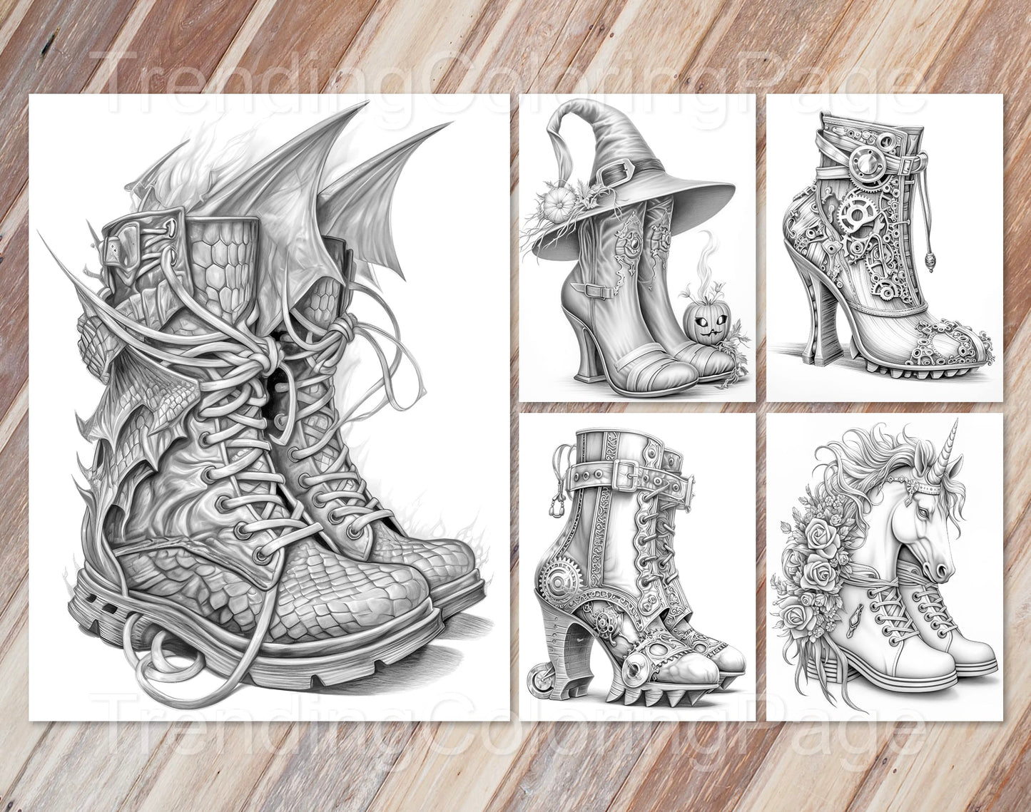 40 Fantasy Shoes Grayscale Coloring Pages - Instant Download - Printable PDF Dark/Light – preview 5
