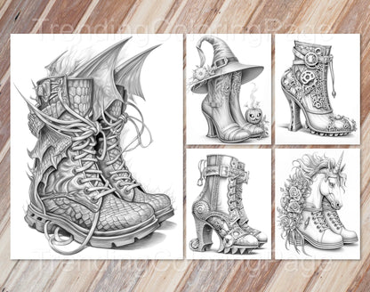 40 Fantasy Shoes Grayscale Coloring Pages - Instant Download - Printable PDF Dark/Light – preview 5